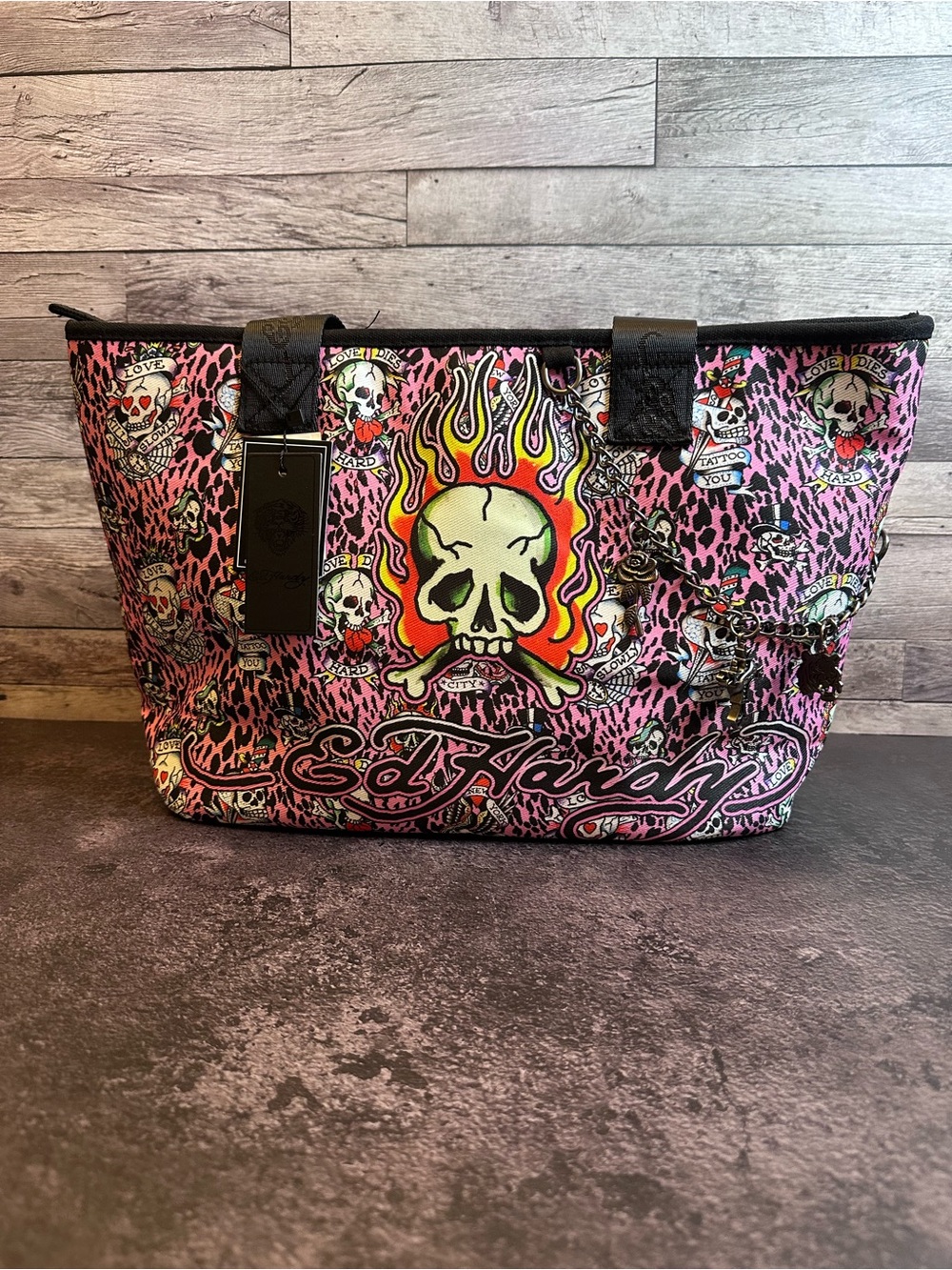 🔥 NWT Ed Hardy Pink Tattoo Skull & Leopard Tote Bag — MSRP $69.99 🔥